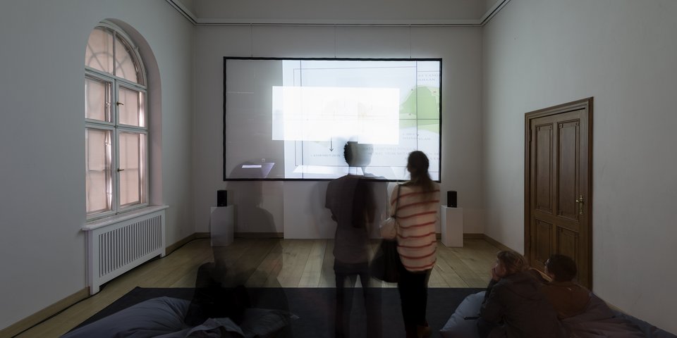 Armin Linke with Giulia Bruno and Giuseppe Ielasi, Palm Oil Islands, 2017. Exhibition view from Disappearing Legacies: The World as Forest at Tieranatomisches Theater of Humboldt-University Berlin.(Foto: Michael Pfisterer) 
