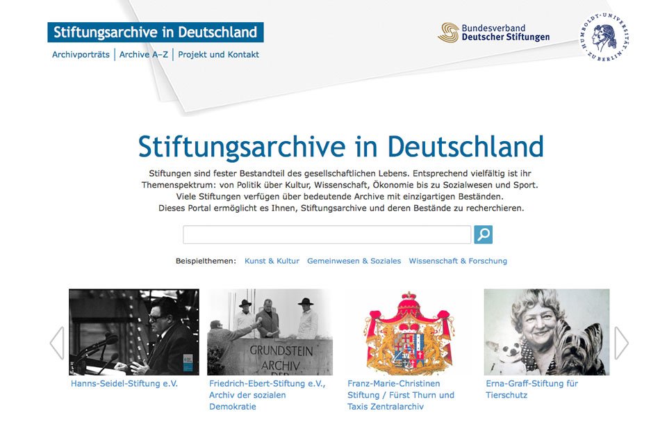 Die Webseite »Stiftungsarchive«